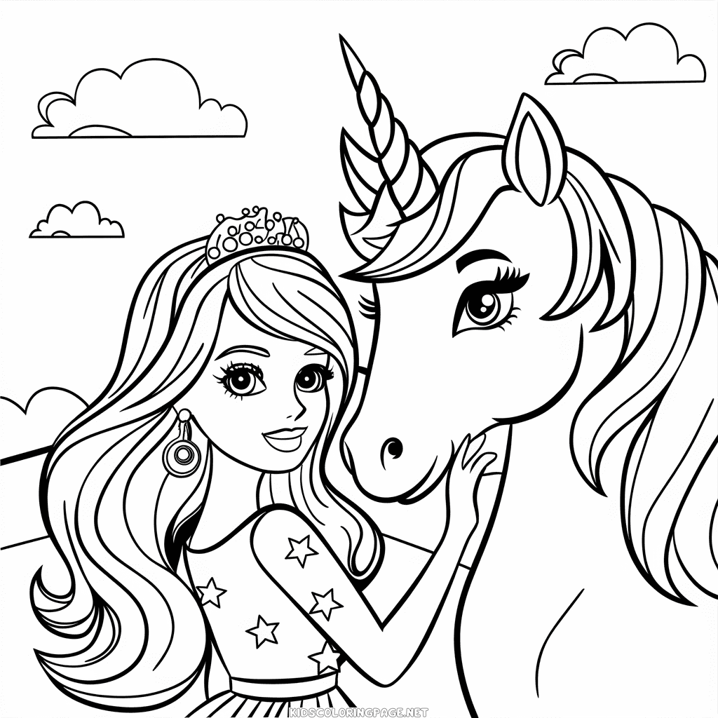 Barbie and unicorn coloring page