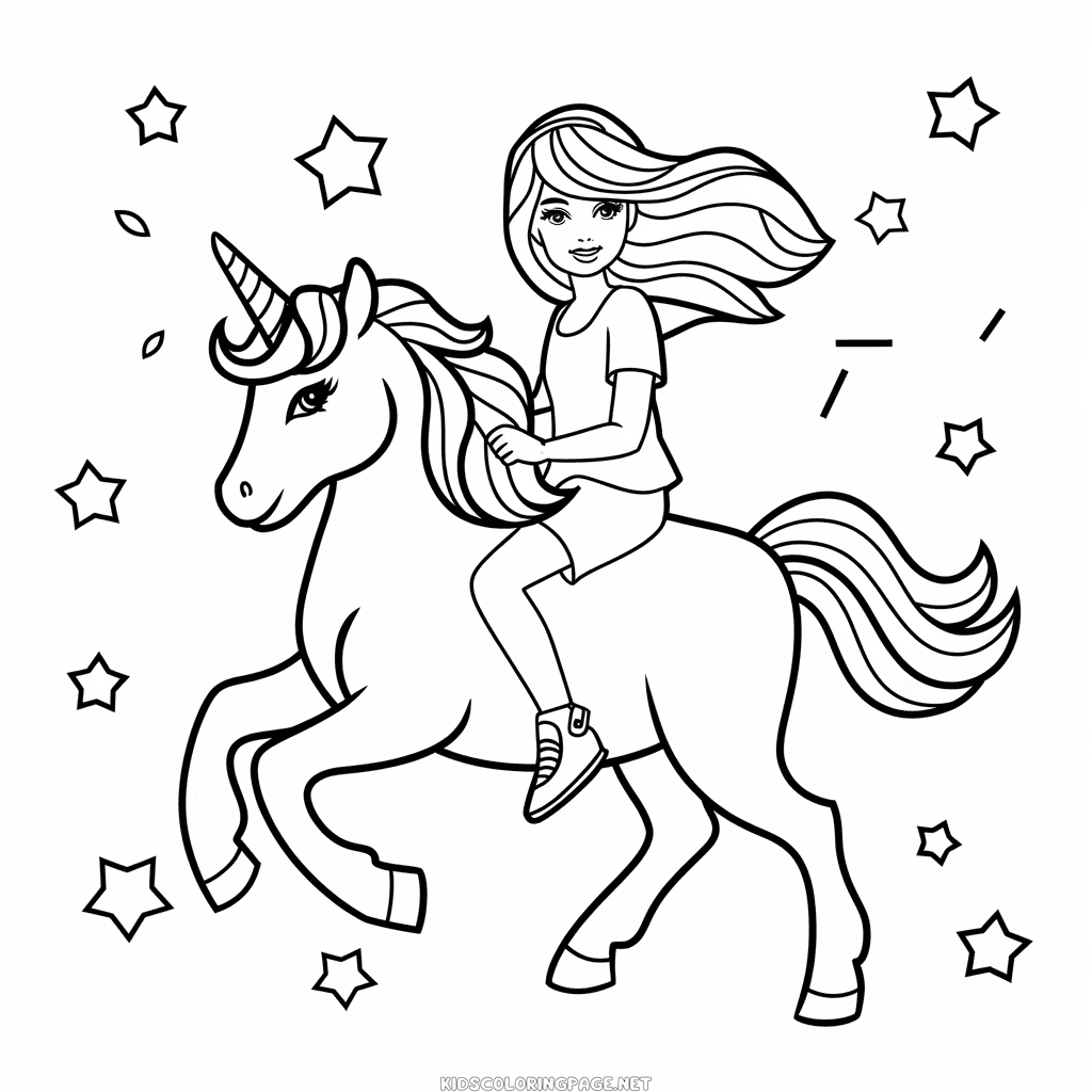 Barbie riding unicorn coloring page