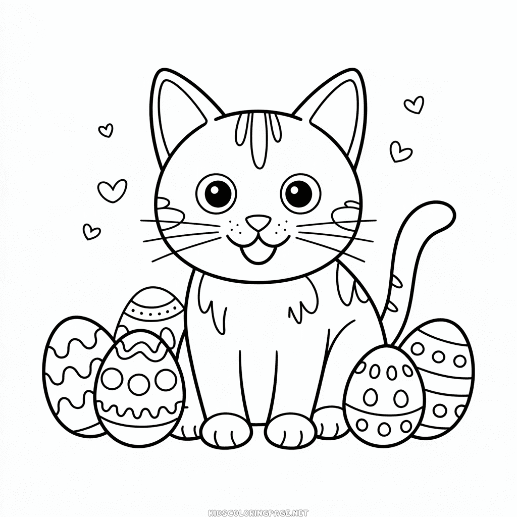 Cat with Easter eggs coloring page