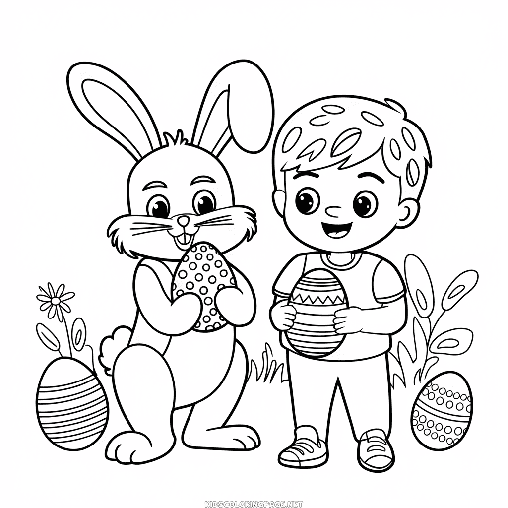Easter bunny and child coloring page