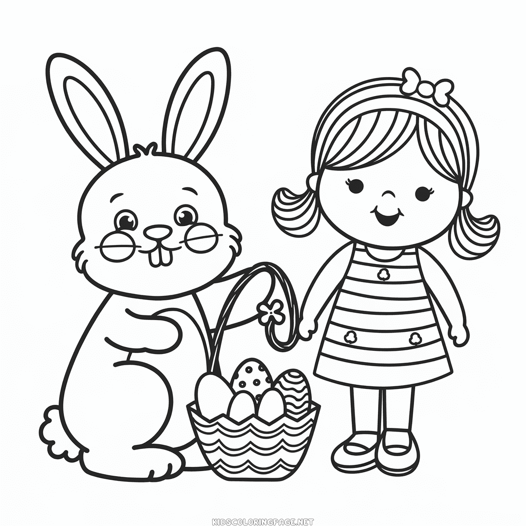 Easter bunny and girl coloring page