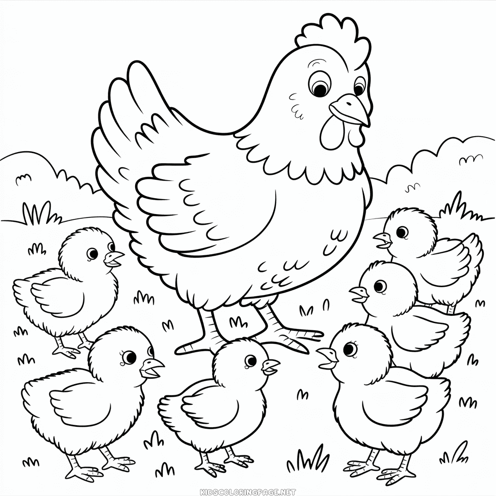 Chicken and Chicks Coloring Page