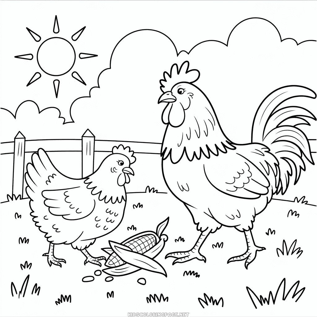 Chicken and Rooster Coloring Page
