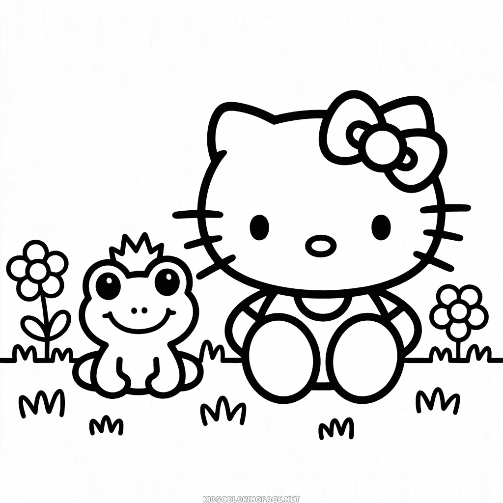 Hello Kitty and Frog Coloring Page