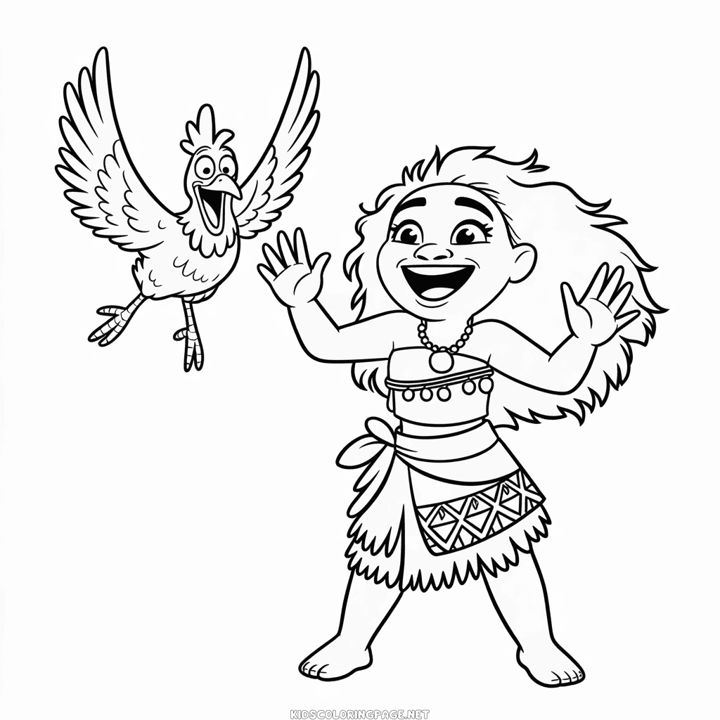 Moana and Chicken Coloring Page
