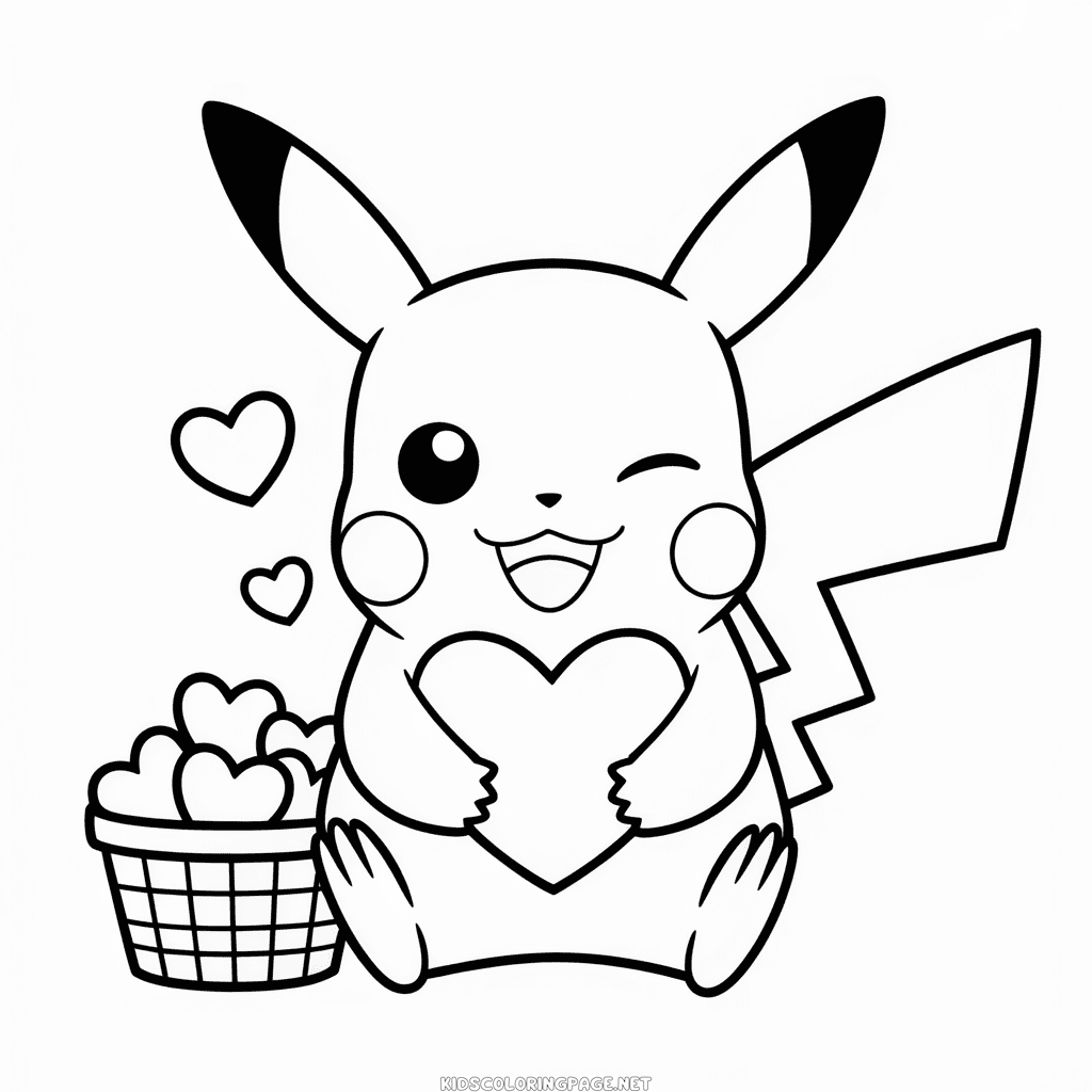 PIkachu and Hearts Coloring Page