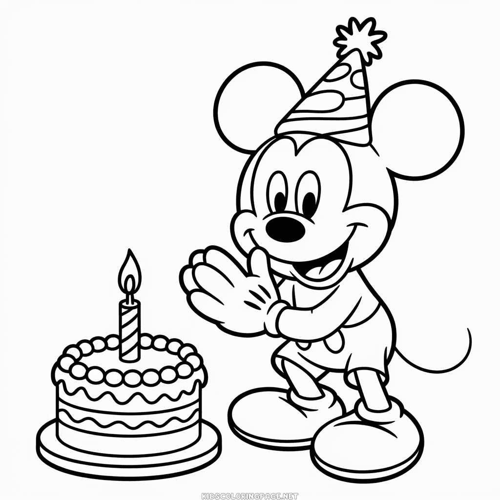 Mickey Mouse and Birthday Cake Coloring Page