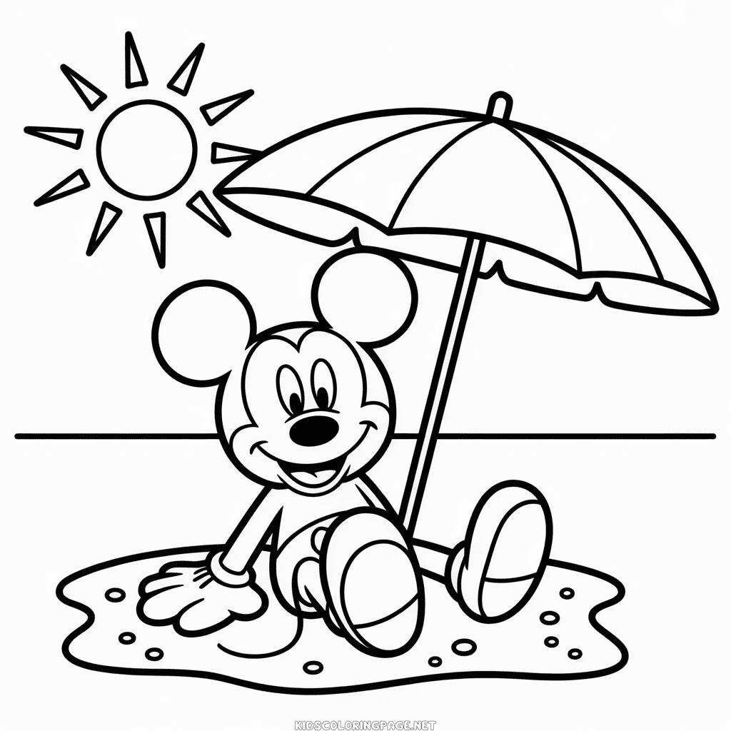 Mickey Mouse on the Beach Coloring Page