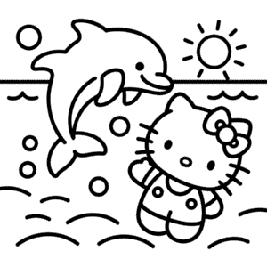 Hello Kitty and Dolphin Coloring Page
