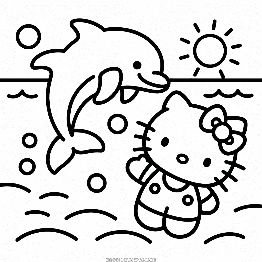 Hello Kitty and Dolphin Coloring Page