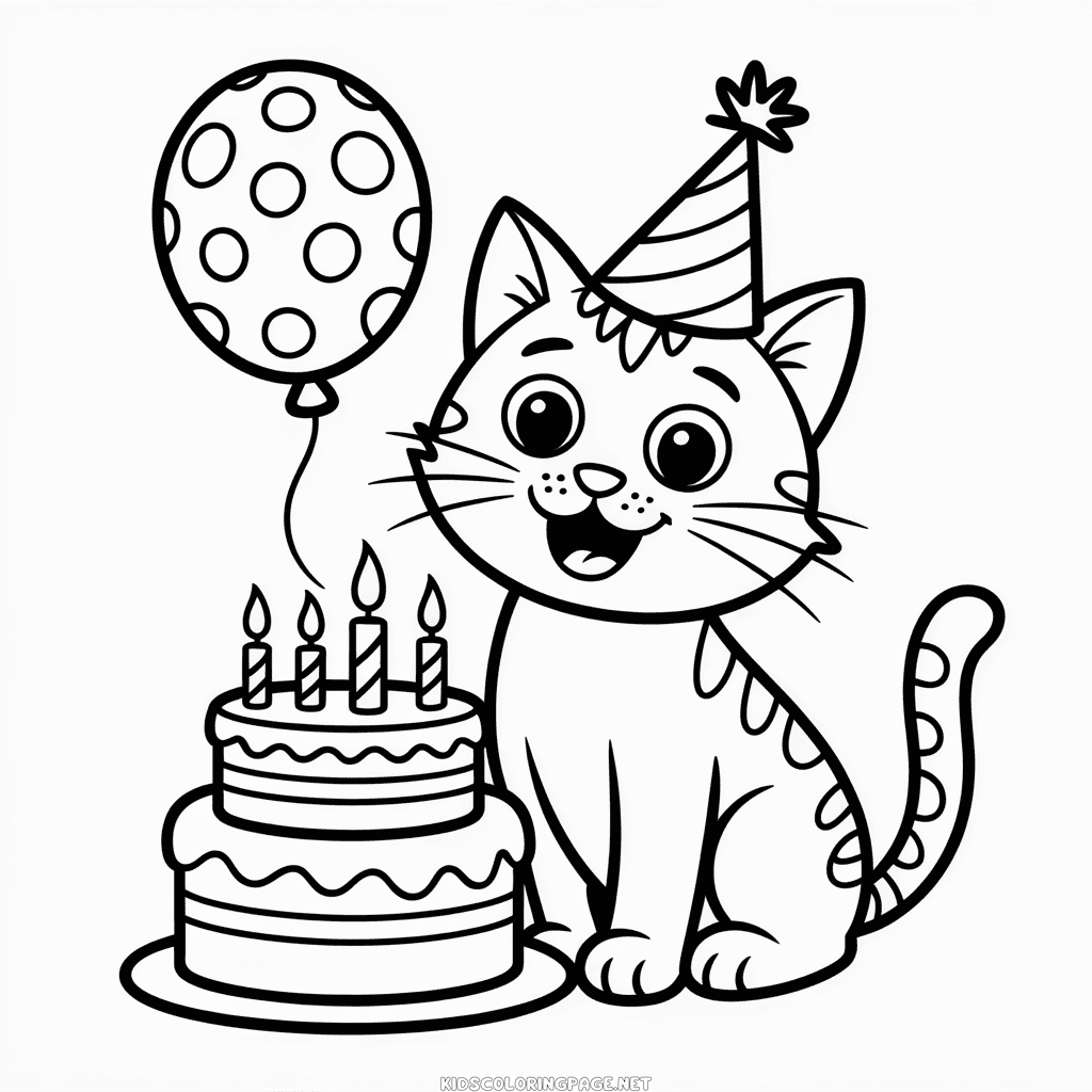 Cat Birthday Coloring Page