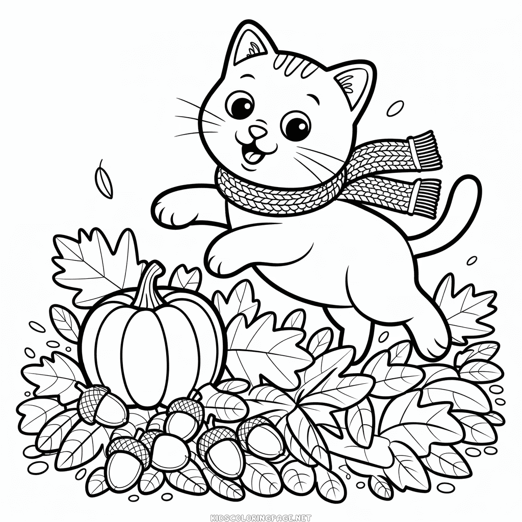 Cat in Autumn Coloring Page