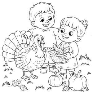 Children with Turkey Coloring Page