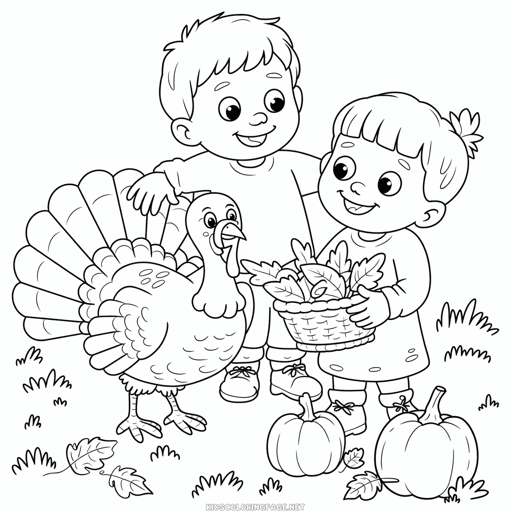 Children with Turkey Coloring Page