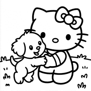 Hello Kitty with Puppy Coloring Page