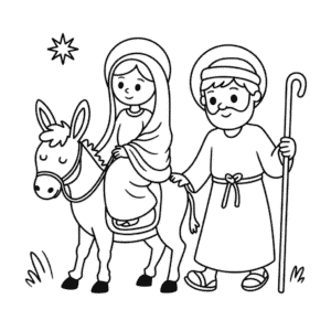Mary and Joseph with Donkey Coloring Page