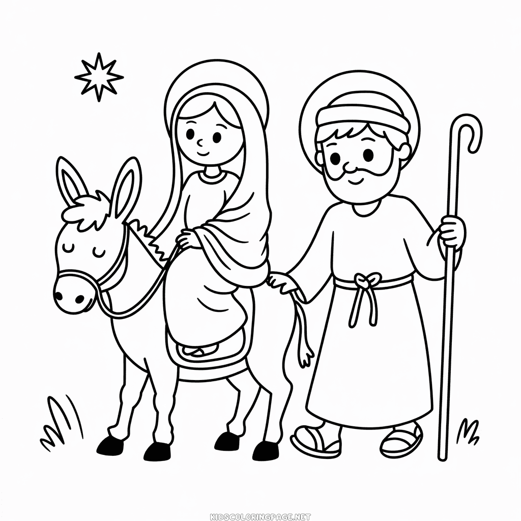 Mary and Joseph with Donkey Coloring Page