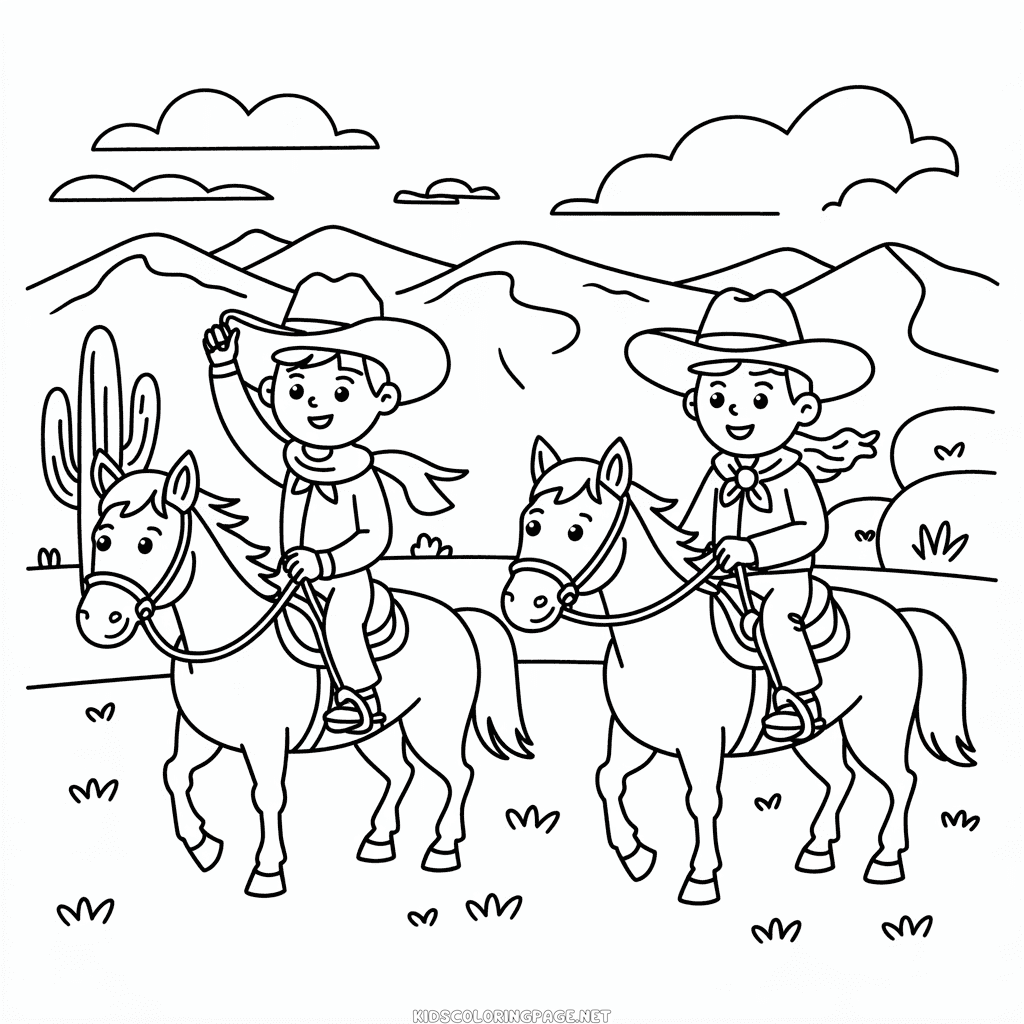Two Cowboys Riding Horses Coloring Page