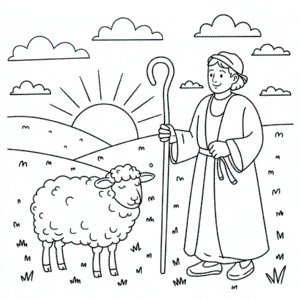 Adult Sheep and Shepherd Coloring Page