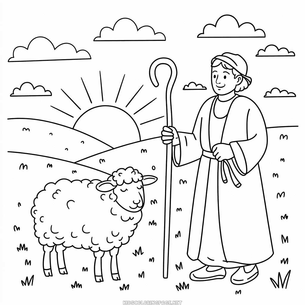 Adult Sheep and Shepherd Coloring Page