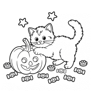 Cat and Halloween Pumpkin Coloring Page