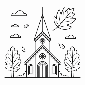Church in Fall Coloring Page