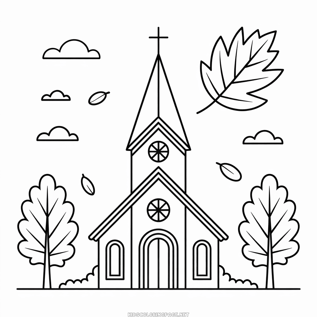 Church in Fall Coloring Page