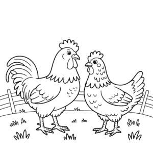 Rooster and Chicken Coloring Page