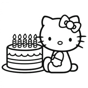 Hello Kitty with Cake Coloring Page